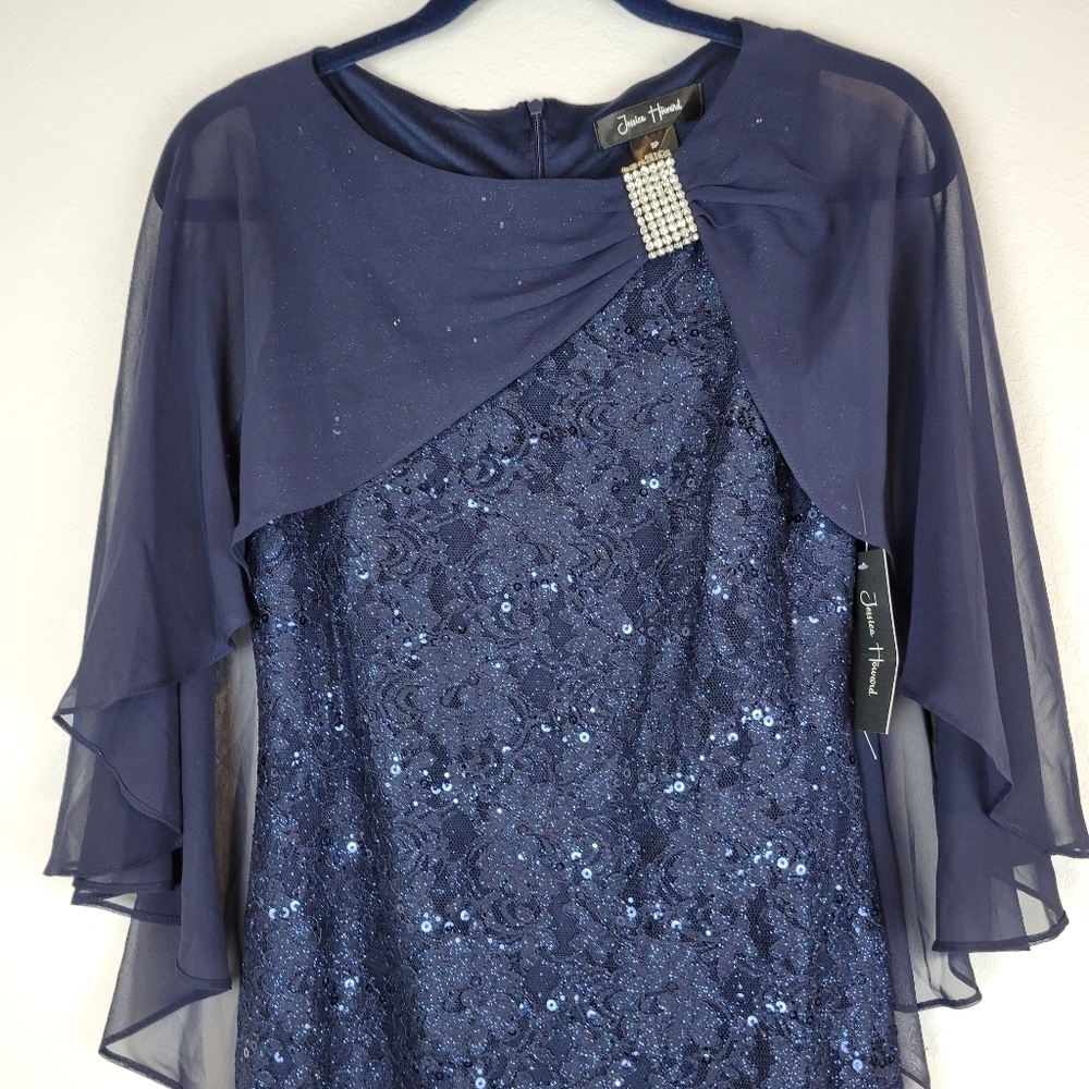 NWT Jessica Howard Embellished Sequin Capelet Gown in Navy 8P - Picture 8 of 14